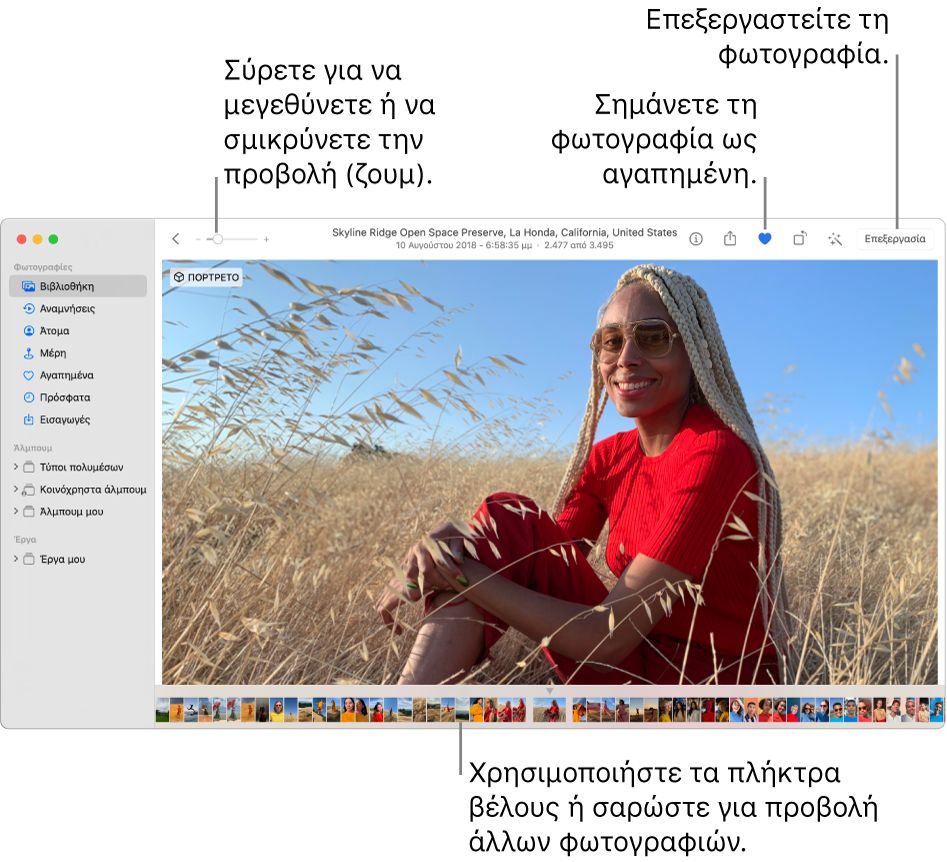 Το παράθυρο των Φωτογραφιών, στο οποίο εμφανίζεται μια μεγεθυμένη φωτογραφία στα δεξιά με μια σειρά μικρογραφιών από κάτω. Η γραμμή εργαλείων στο πάνω μέρος περιλαμβάνει το ρυθμιστικό Ζουμ, το κουμπί «Αγαπημένο» και το κουμπί «Επεξεργασία».
