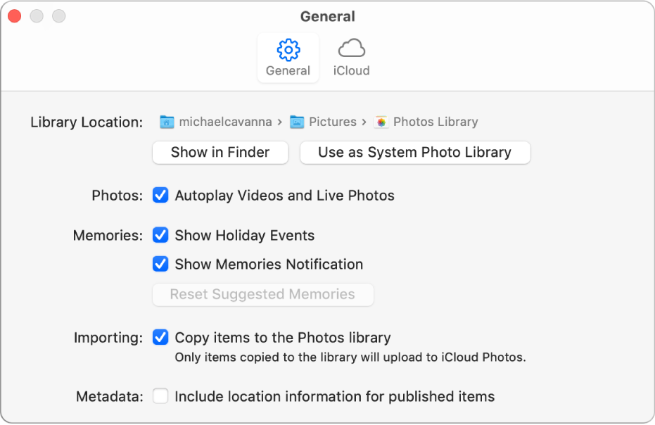 The General pane of Photos preferences.