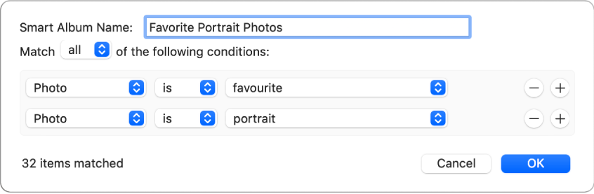 A dialogue showing criteria for a Smart Album that collects portrait photos that have been marked as favourites.