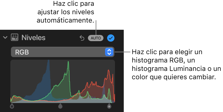 Los controles de Niveles en el panel Ajustar mostrando el botón Automático seleccionado en la parte superior derecha y el histograma RGB en la parte inferior.