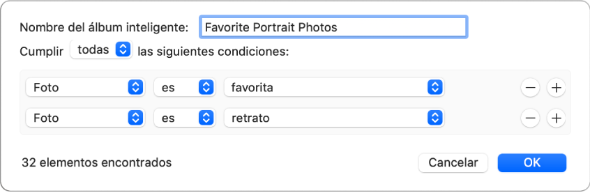 Un diálogo mostrando los criterios de un álbum inteligente que recopila los retratos que se han marcado como favoritos.