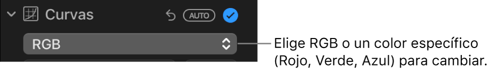Los controles de Curvas en el panel Ajustar mostrando el botón RGB seleccionado en el menú desplegable.