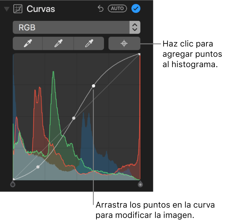 Los controles de Curvas en el panel Ajustar mostrando el botón “Agregar puntos” en la parte superior derecha y el histograma RGB en la parte inferior.