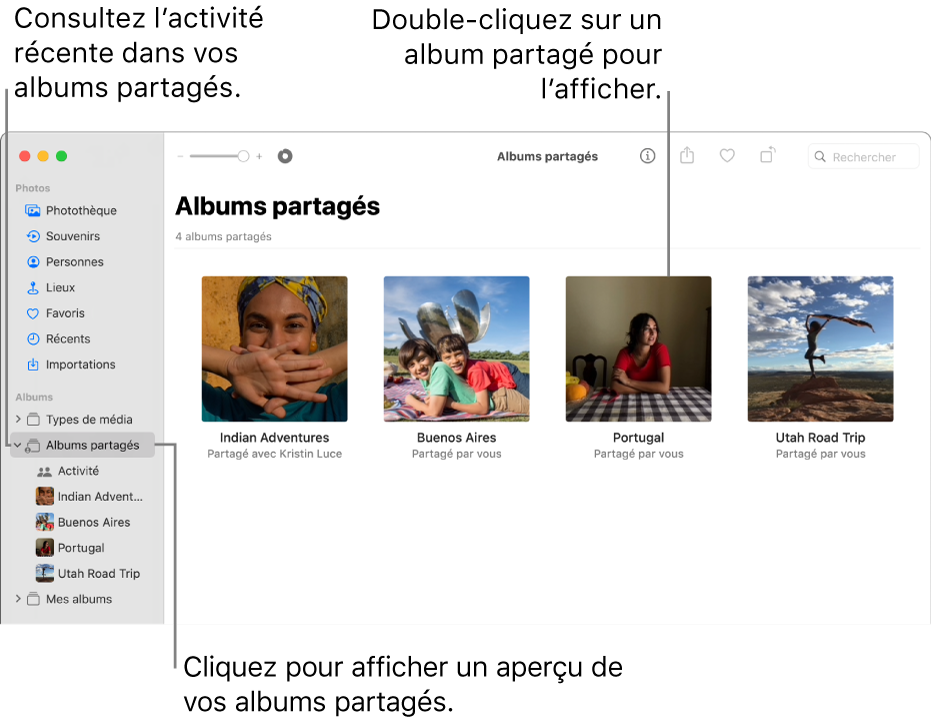 La fenêtre Photos affichant Albums partagés sélectionné dans la barre latérale et les albums partagés apparaissant sur la droite.