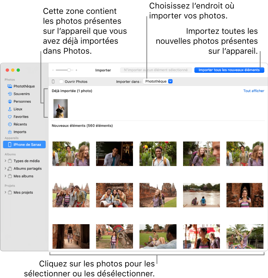 Les photos présentes sur l’appareil que vous avez déjà importées apparaissent en haut de la sous-fenêtre. Les nouvelles photos apparaissent en bas. En haut et au centre se trouve le menu local « Importer vers ». Le bouton « Importer tous les nouveaux éléments » se trouve en haut à droite.