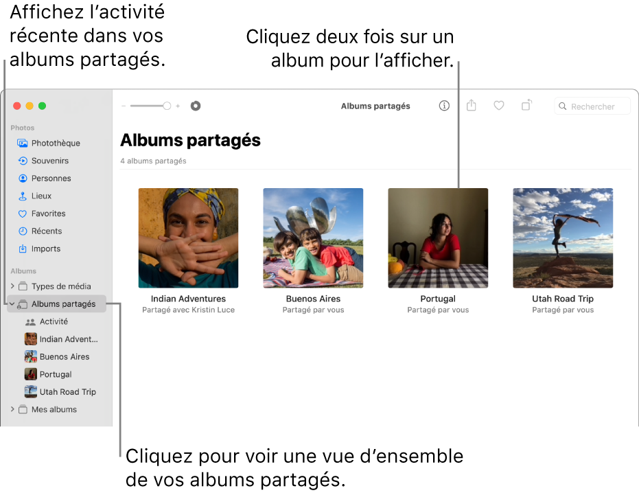 La fenêtre Photos montrant « Albums partagés » sélectionné dans la barre latérale et les albums partagés qui s’affichent à droite.