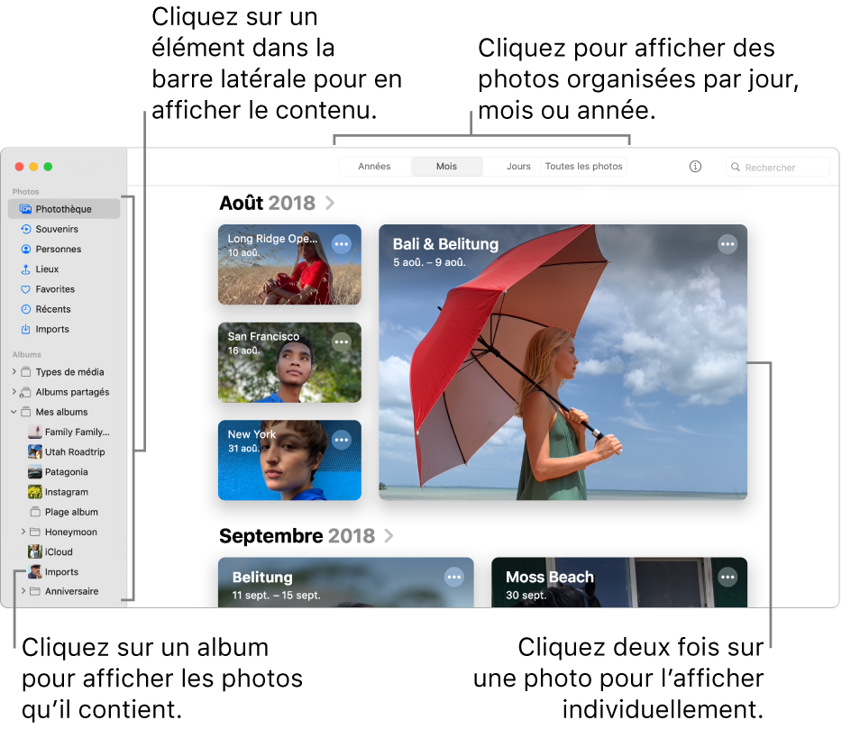 La fenêtre Photos avec Mois sélectionné dans la barre d’outils et des photos organisées par mois s’affichant dans la zone principale de la fenêtre. La barre latérale se trouve à gauche. Vous pouvez y sélectionner des albums et des projets.