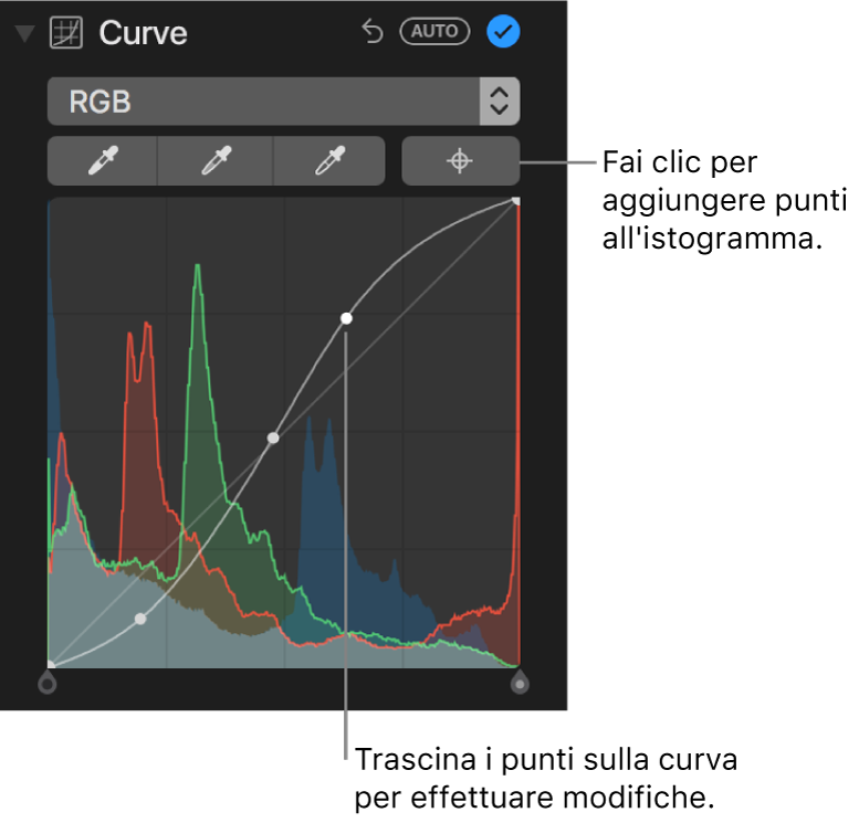 I controlli Curve nel pannello Regola, che mostrano il pulsante “Aggiungi punti” nella parte superiore destra e l'istogramma RGB al di sotto.