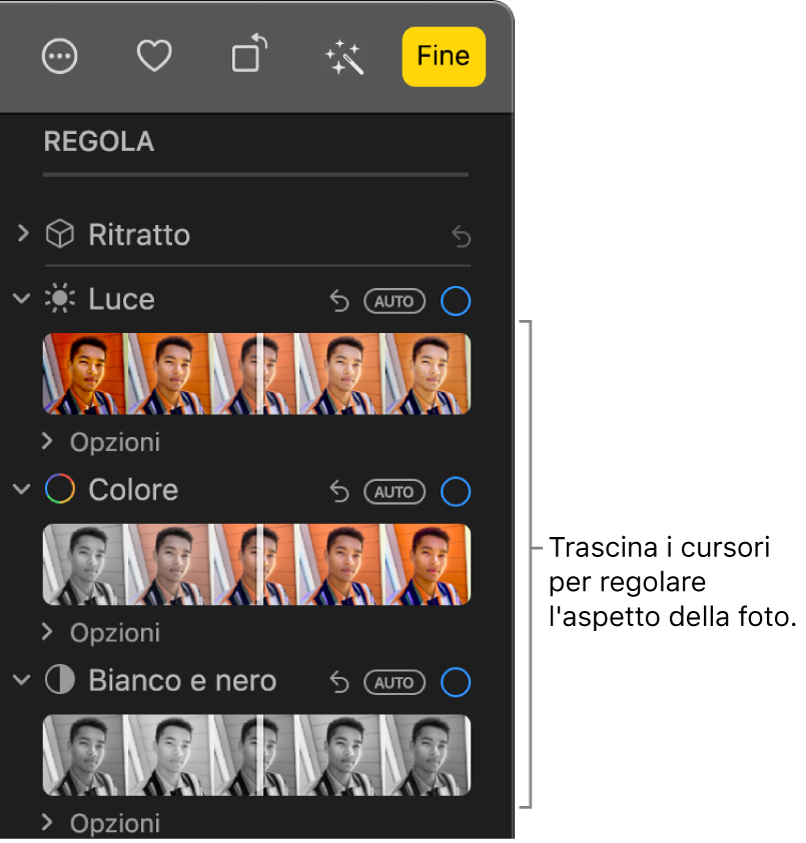 I cursori Luce, Colore e “Bianco e nero” nel pannello Regola. Un pulsante Automatico viene visualizzato su ciascun cursore.