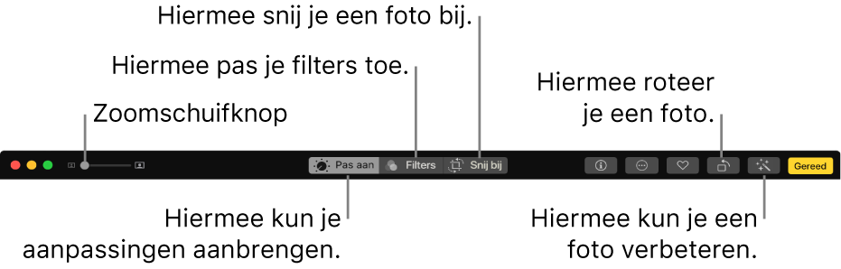 De knoppenbalk 'Bewerk' met een zoomschuifknop en knoppen waarmee je aanpassingen aanbrengt, filters toevoegt en foto's bijsnijdt, roteert en verbetert.