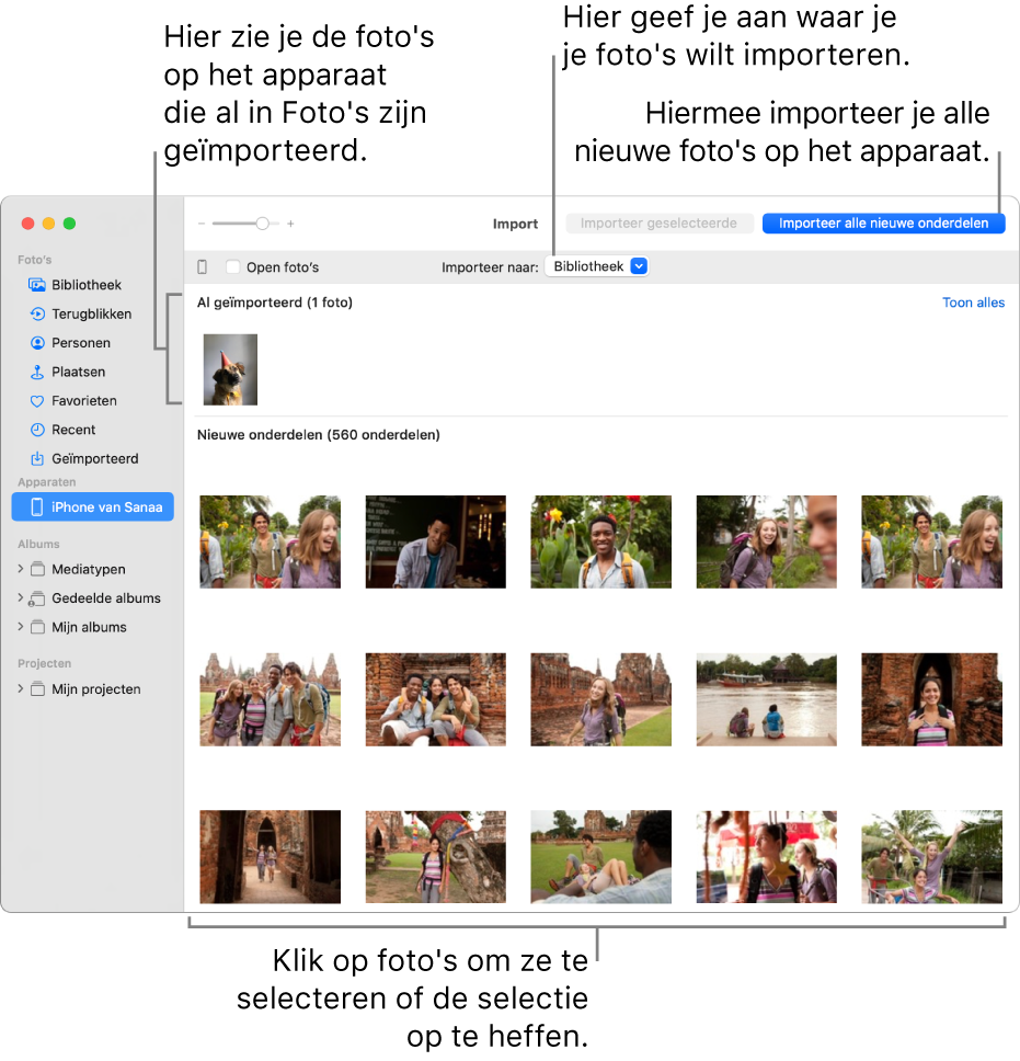 Foto's op het apparaat die je al hebt geïmporteerd, worden boven in het venster weergegeven. Nieuwe foto's worden onderin weergegeven. In het midden bovenin zie je het venstermenu 'Importeer naar'. De knop 'Importeer alle nieuwe onderdelen' staat rechtsbovenin.