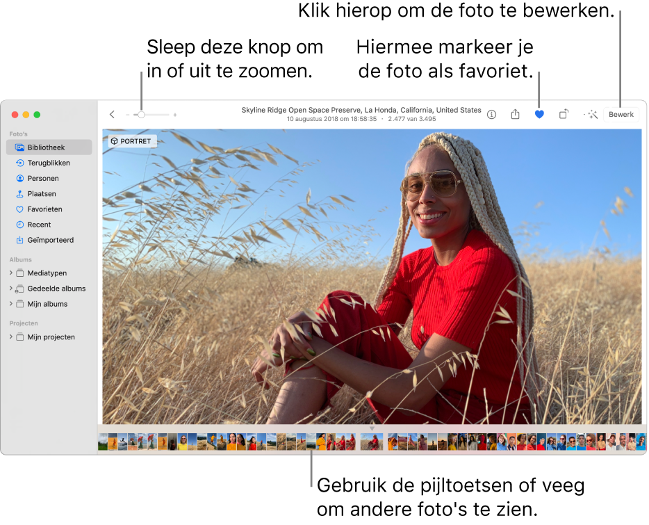 Het Foto's-venster met een vergrote foto aan de rechterkant met daaronder een rij met miniaturen. De knoppenbalk bovenin bevat de zoomschuifknop, de favorietenknop en de knop 'Bewerk'.