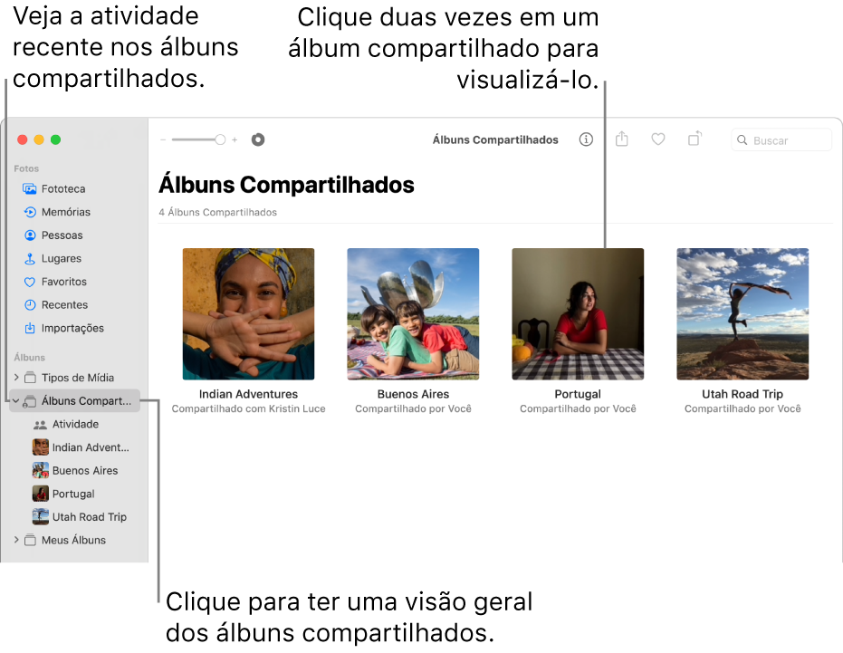 A janela do Fotos mostrando Álbuns Compartilhados selecionado na barra lateral e álbuns compartilhados aparecendo à direita.