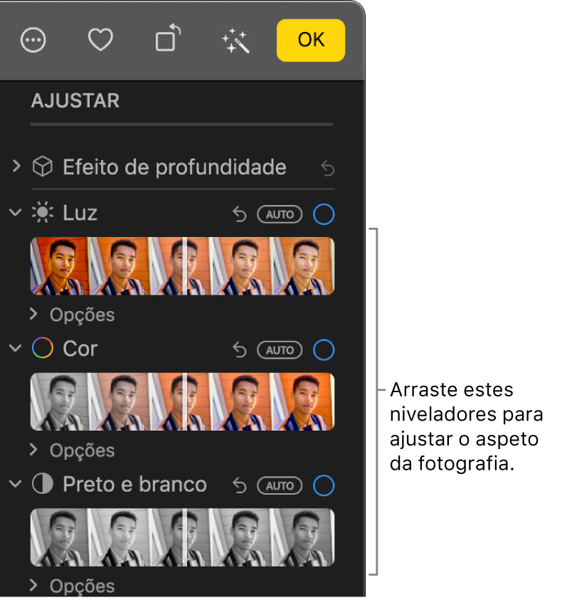 Os niveladores de Luz, Cor e “Preto e branco” no painel Ajustar. Por cima de cada nivelador aparece um botão designado Automático.