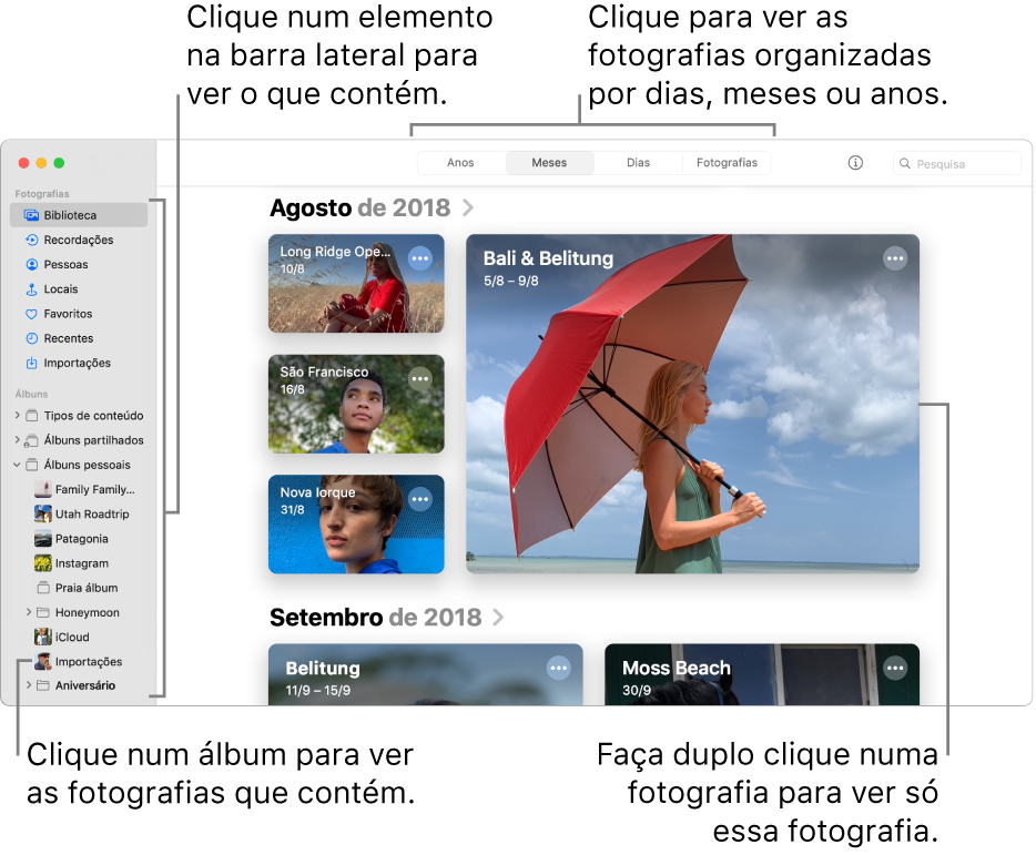 A janela da aplicação Fotografias mostra a opção “Meses” selecionada na barra de ferramentas e as fotografias organizadas por mês aparecem na área principal da janela. À esquerda encontra-se a barra lateral, onde é possível selecionar álbuns e projetos.