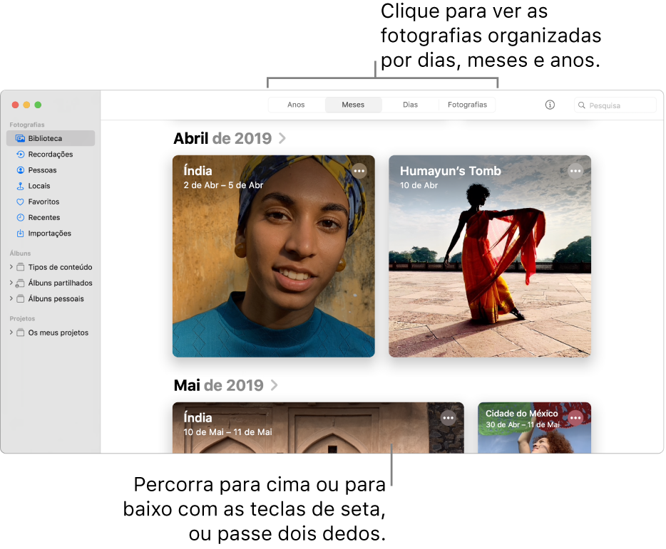 A janela da aplicação Fotografias mostra a opção “Meses” selecionada na barra de ferramentas e as fotografias organizadas por mês aparecem na área principal da janela.