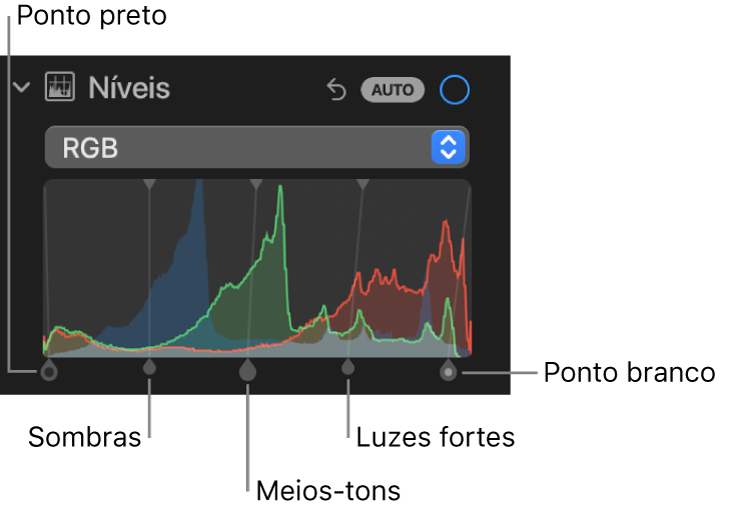 Os controlos de níveis no painel Ajustar, a mostrar o histograma RGB com os puxadores por baixo, incluindo (da esquerda para a direita): ponto preto, sombras, meios‑tons, luzes fortes e ponto branco.