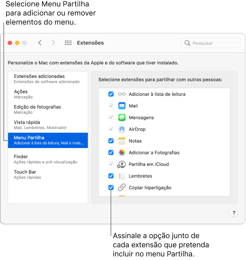 O painel Extensões das Preferências do Sistema, com a opção Menu Partilha selecionada e uma lista de extensões de terceiros à direita.