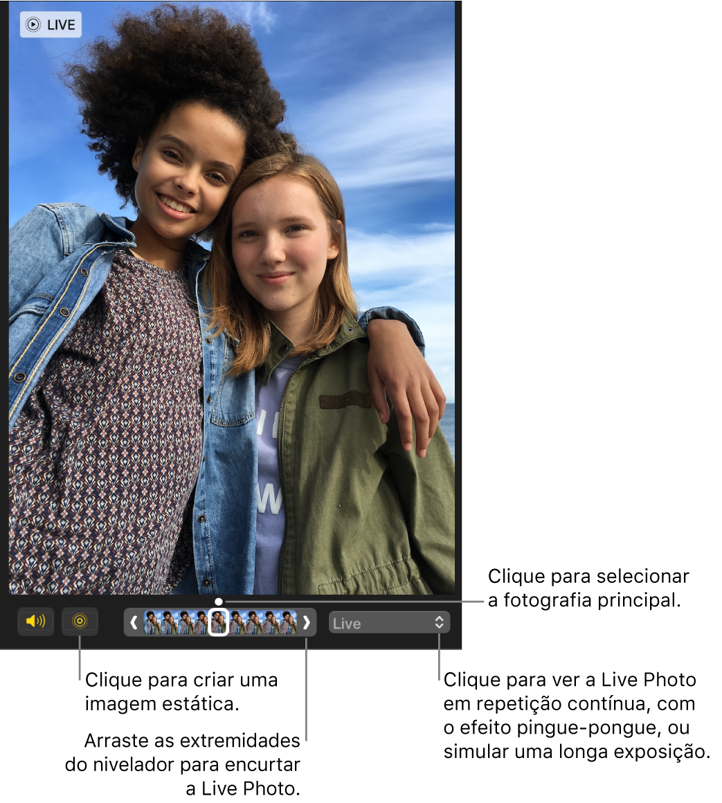 Uma Live Photo na vista de edição e, por baixo, um nivelador que mostra os fotogramas da fotografia. À esquerda do nivelador aparecem os botões de Live Photo e de altifalante, e à direita o menu pop-up que permite adicionar uma repetição contínua, um efeito de pingue-pongue ou de longa exposição.