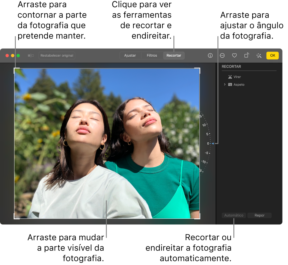 Uma fotografia na vista de edição com a opção Recortar selecionada na barra de ferramentas, um retângulo de seleção ao redor da fotografia, uma roda de inclinação à direita da fotografia e um botão Automático na parte inferior direita.
