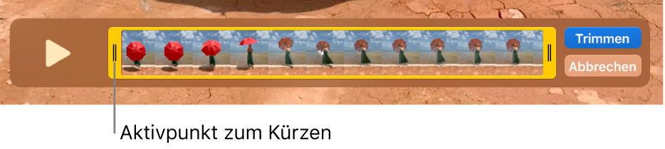 Ein Clip im Fenster „QuickTime Player“, in dem ein Teil des Clips mit gelben Aktivpunkten und der Rest außerhalb der gelben Aktivpunkte angezeigt wird. Die Taste „Kürzen“ sowie die Taste „Abbrechen“ auf der rechten Seite.