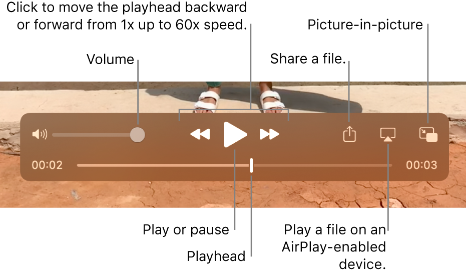 Controls for volume, rewind, play, fast-forward, and sharing.