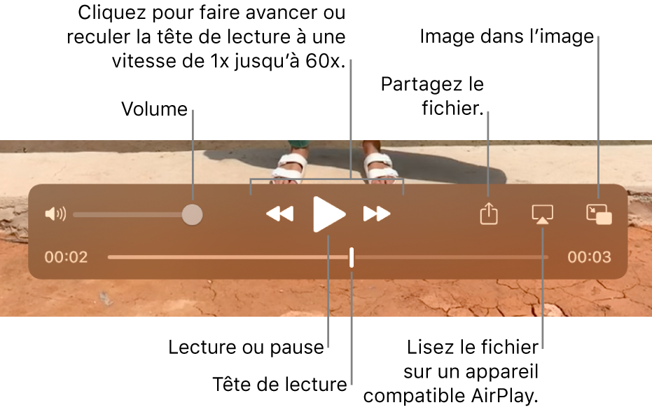 Commandes de volume, de retour rapide, de lecture, d’avance rapide et de partage.