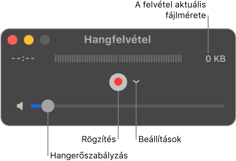 A Hangfelvétel ablak; középen a Felvétel gomb és a Beállítások felugró menü, alul pedig a hangerőszabályzó.