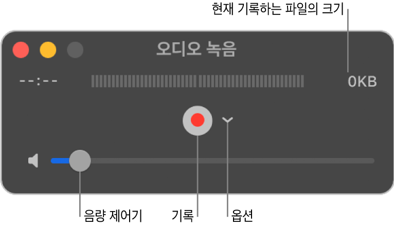 기록 버튼이 있는 오디오 녹음 윈도우, 중앙에 옵션 팝업 메뉴가 표시되어 있고 하단에 음량 제어기가 표시되어 있습니다.