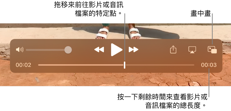 QuickTime Player 播放控制項目。沿着最上方分別為音量控制項目、「回帶」按鈕、「播放/暫停」按鈕和「快轉」按鈕。底部是播放磁頭，讓你在檔案中拖移至特定點。檔案剩餘時間會顯示在右側下方。