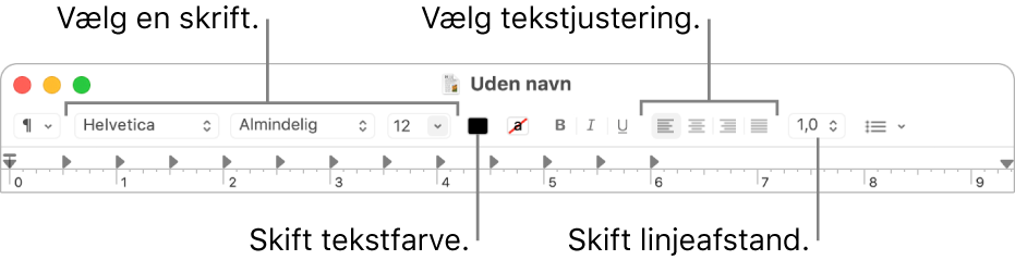 TextEdit-værktøjslinjen til et RTF-dokument med indstillinger til skrift- og tekstjustering og afstand.