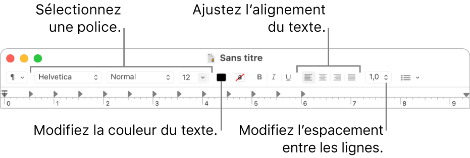 Barre d’outils de TextEdit pour un document RTF, présentant les commandes de police, d’alignement et d’espacement du texte.