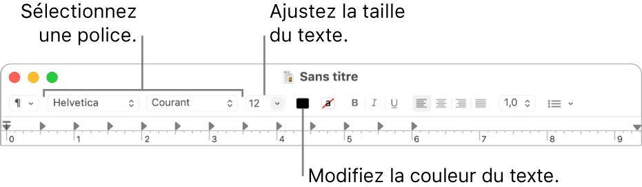 Régler la taille, la couleur et la police du texte.