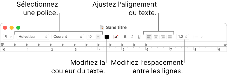 Barre d’outils de TextEdit pour un document RTF, présentant les commandes de police, d’alignement et d’espacement du texte.