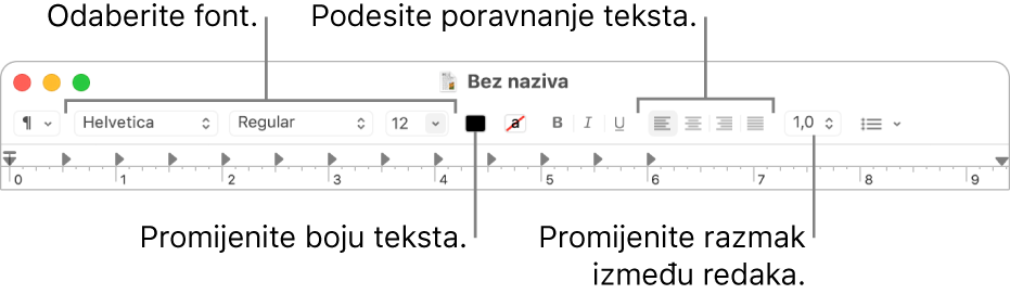 Alatna traka TextEdit za dokument bogatog teksta prikazuje poravnanje fonta i teksta i kontrole razmaka.