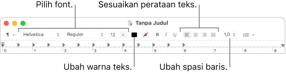 Bar alat TextEdit untuk dokumen teks kaya, menampilkan font dan perataan teks serta kontrol spasi.