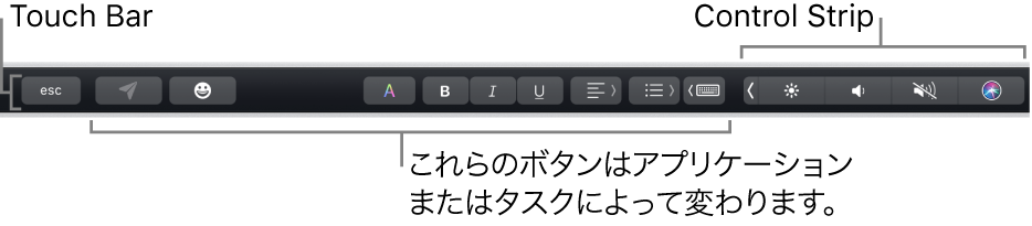 キーボード上部のTouch Barの右側には折りたたまれたControl Stripが、左側にはアプリケーションや作業によって異なるボタンが表示されています。