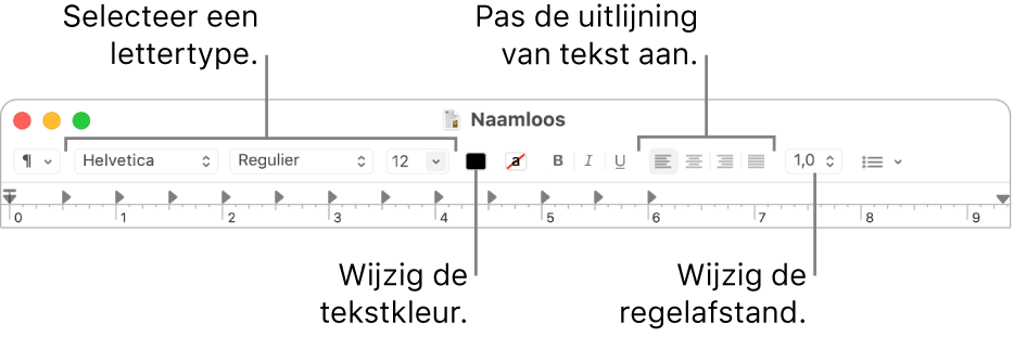 De knoppenbalk van Teksteditor voor een RTF-document met daarin regelaars voor het lettertype, de tekstuitlijning en de afstand.