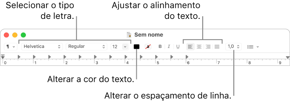 A barra de ferramentas do Editor de Texto de um documento de texto formatado, a mostrar o tipo de letra e os controlos de alinhamento e espaçamento de texto.