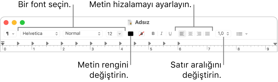 Font ve metin hizalamasını ve aralık denetimlerini gösteren zengin metin belgesinin TextEdit araç çubuğu.