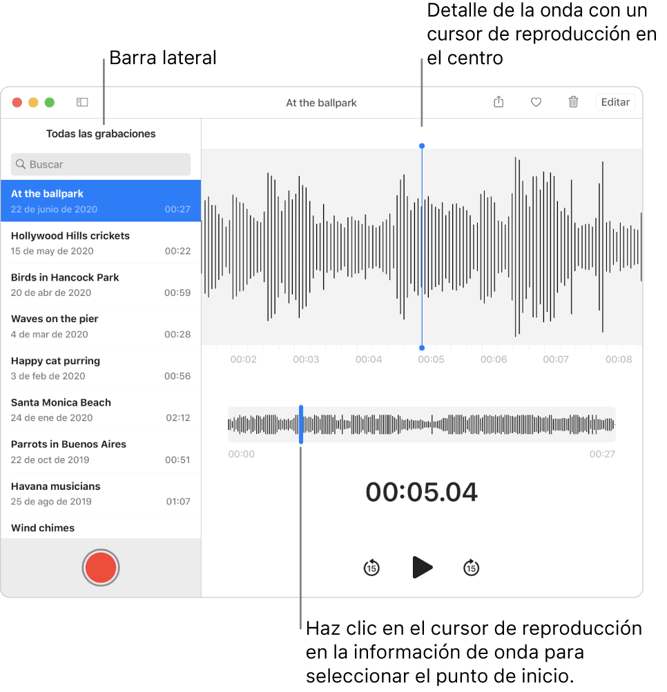 La app Notas de Voz muestra la barra lateral a la izquierda. La grabación aparece en la ventana a la derecha de la barra lateral, como un detalle en forma de onda con un cursor de reproducción en el centro. Debajo de él está la vista general de la forma de onda. Haz clic en el cursor de reproducción para seleccionar la posición inicial.