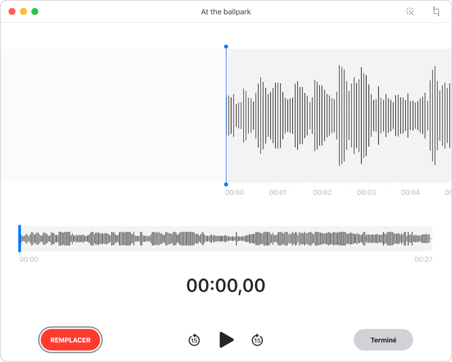 Un enregistrement Dictaphone. Faites glisser la ligne bleue verticale (tête de lecture) à l’emplacement où vous souhaitez apporter une modification. Pour enregistrer un nouvel enregistrement audio pour remplacer l’existant, cliquez sur le bouton Remplacer sur la gauche. Pour supprimer l’audio excédentaire, cliquez sur le bouton Raccourcir dans l’angle supérieur droit.