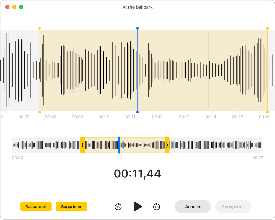 Un enregistrement Dictaphone. Faites glisser les poignées jaunes sur la forme d’onde pour définir la zone à raccourcir. Cliquez ensuite sur le bouton Raccourcir pour supprimer le contenu audio situé en dehors des poignées de raccourcissement, ou cliquez sur Supprimer pour supprimer le contenu audio entre les poignées de raccourcissement.