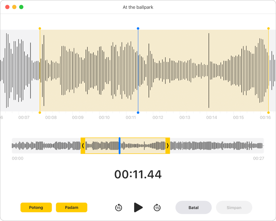 Rakaman Memo Suara. Seret pemegang kuning pada bentuk gelombang untuk mengesetkan julat untuk dipotong. Kemudian klik butang Potong untuk mengeluarkan audio di luar pemegang potong, atau klik Padam untuk mengeluarkan audio antara pemegang potong.