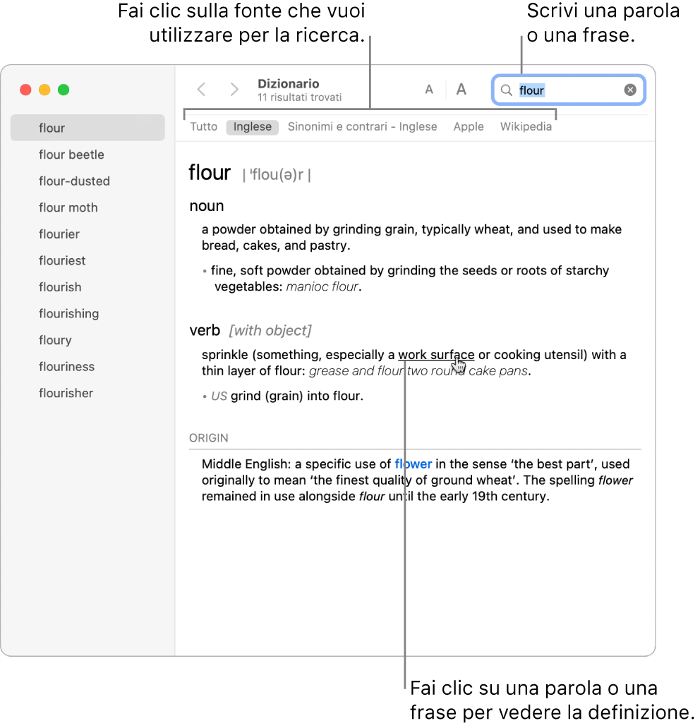 La finestra di Dizionario completa quando mostra una definizione. Fai clic su una parola o una frase qualsiasi all'interno della definizione per visualizzarne la definizione. Per selezionare una fonte in cui cercare, fai clic sul suo nome nella barra delle fonti, situata sotto la barra degli strumenti. Digita una parola o una frase nel campo di ricerca.