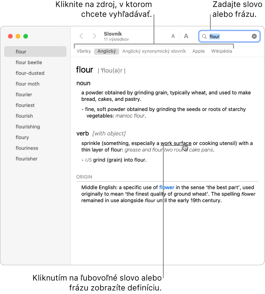 V samostatnom okne Slovníka sa zobrazí definícia. Kliknutím na ľubovoľné slovo alebo frázu v definícii zobrazíte danú definíciu. Ak chcete vybrať zdroj vyhľadávania, kliknite na jeho názov v lište zdroja umiestnenej pod panelom s nástrojmi. Do vyhľadávacieho poľa zadajte slovo alebo frázu.