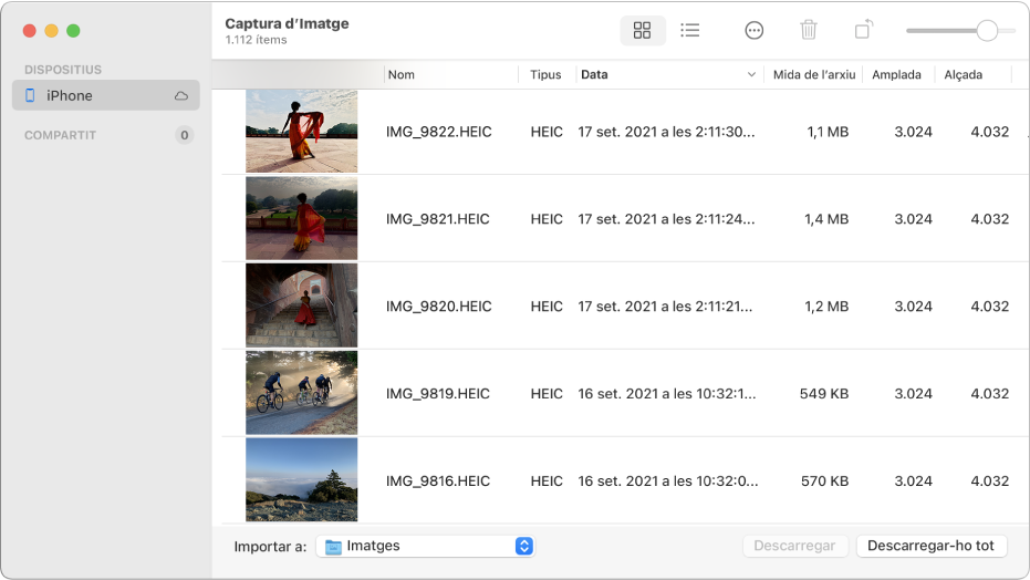 Finestra de la Captura d’Imatge que mostra les imatges que s’importaran d’un iPhone.