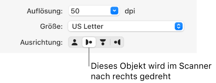 Die Ausrichtungstasten im Scannerfenster. Eine hervorgehobene Tasten bedeutet, dass ein Objekt auf dem Scanner nach rechts gedreht wird.