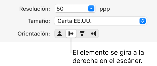 Los botones Orientación en la ventana de Escáner. Un botón resaltado indica que se giró un elemento a la derecha en el escáner.