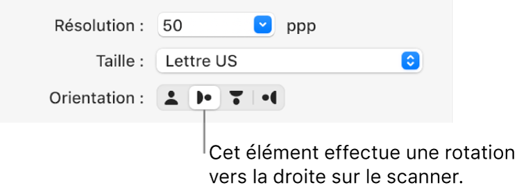 Les boutons Orientation dans la fenêtre Scanner. Un bouton en surbrillance indique qu’un élément est pivoté à droite sur le scanner.